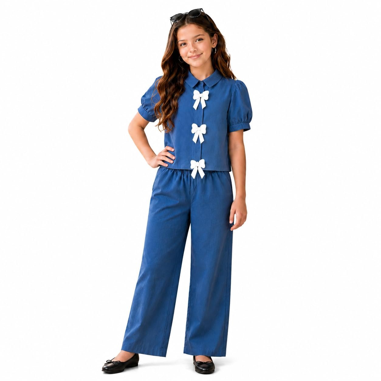 BAVLI Girls Co-Ord Set for Kids | Khadi Cotton Fabric | Puff Sleeve Peplum Top & Wide Leg Palazzo Pants | Stylish Summer Outfit for Girls | Casual Wear Dress Set (Blue, 14-15Year)