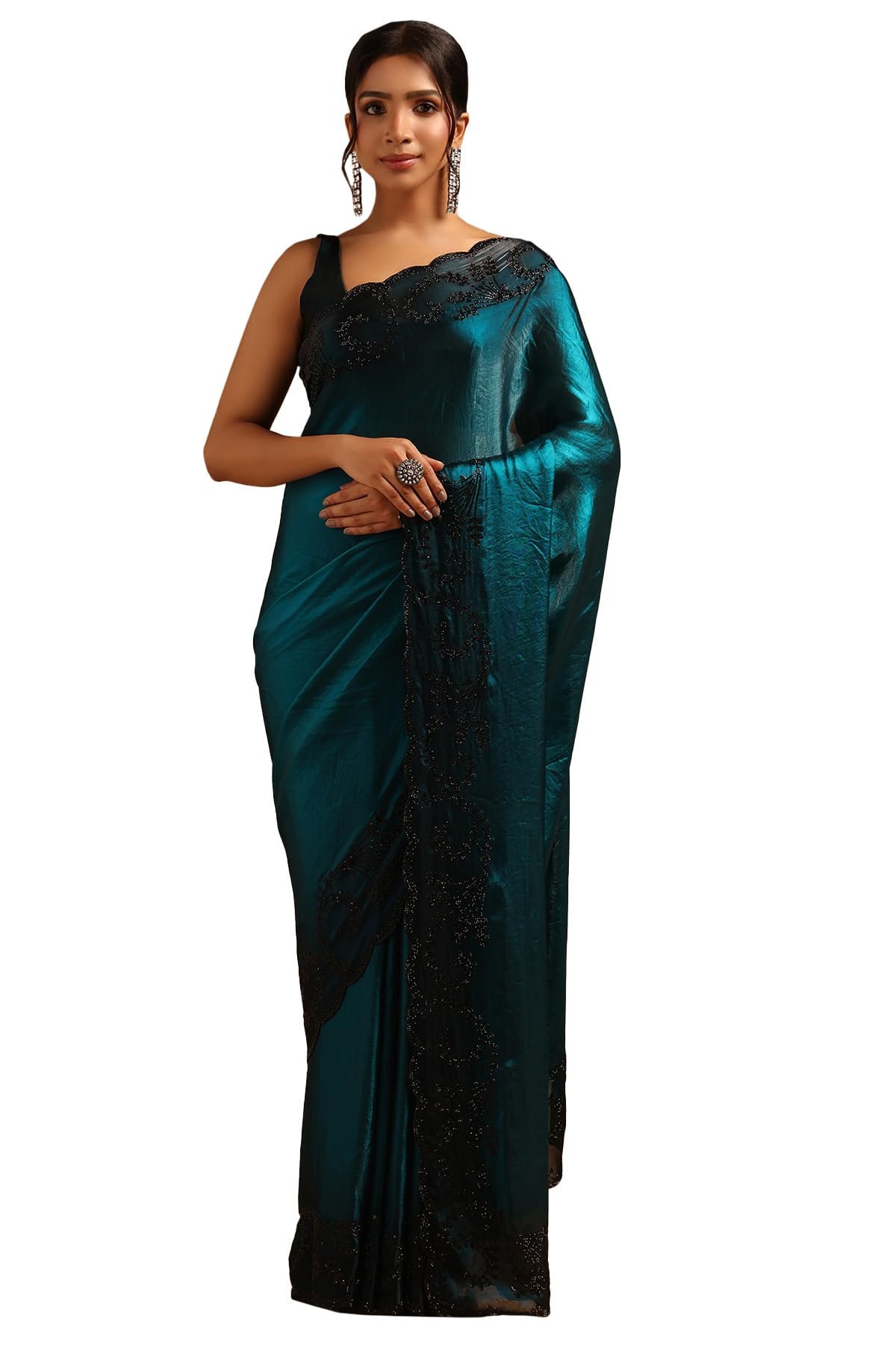 Soch Womens Turquoise Blue Fendy Organza Saree With Stone Work