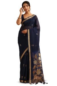 Soch Womens Navy Blue Organza Botanical Zari Woven Saree