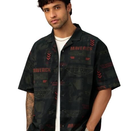 Top Gun: Aviator Men and Boys Short Sleeve Cuban Collar Button Front Dark Green All Over Printed Cotton Oversized Fit Holiday Shirt