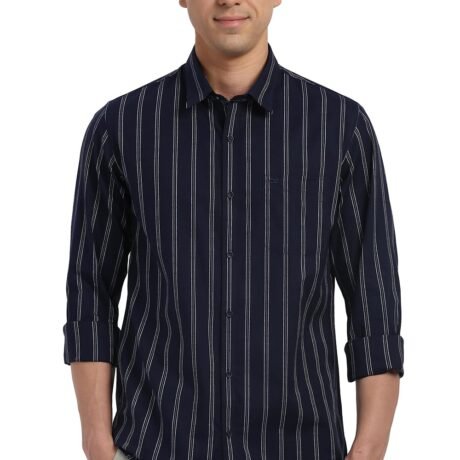 Peter England Men Black Slim Fit Stripe Full Sleeves Casual Shirt