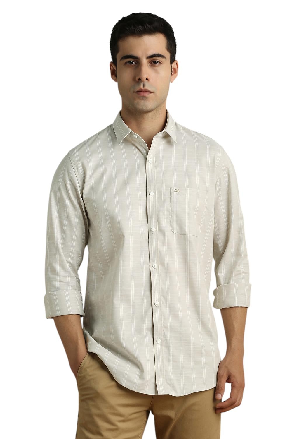 Peter England Men Grey Stripe Full Sleeves Casual Shirt