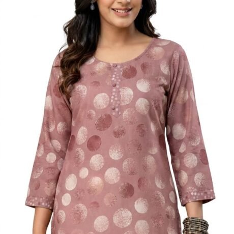 Women's Pink Polka Dot Print Kurti, Round Neck, 3/4 Sleeves, Casual Ethnic Top | 3XL - 3XLarge - 46