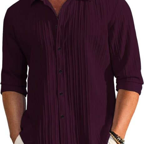 Men's Casual Button Down Shirts Long Sleeve Linen Shirt Fashion Textured Beach Summer Shirt (in, Alpha, L, Regular, Wine)