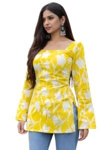 ALENJAN Rayon Floral Print Short Kurti for Women | Square Neck Long Sleeve Top for Women | Criss Cross Back Desing Kurti | Soft Breathable Fabric | Relaxed Fit | Casual and Office Wear | Mustard | XS