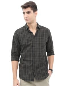 Highlander Men's Polyester Checkered Slim Fit Shirt (HLSH011439_Olive/Black, Medium)