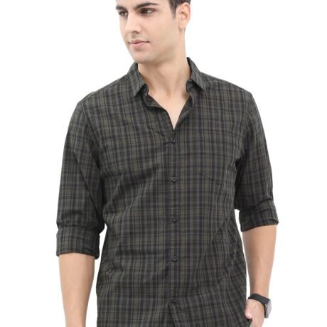 Highlander Men's Polyester Checkered Slim Fit Shirt (HLSH011439_Olive/Black, Medium)