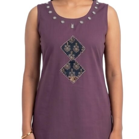 Trusha Dresses Women's Pure Cotton Sleeveless Short Kurti | Patch Work Kurti Top | Hip Length Ethnic Top | Casual, Office Kurti for Women & Girls (in, Alpha, XL, Regular, Purple)