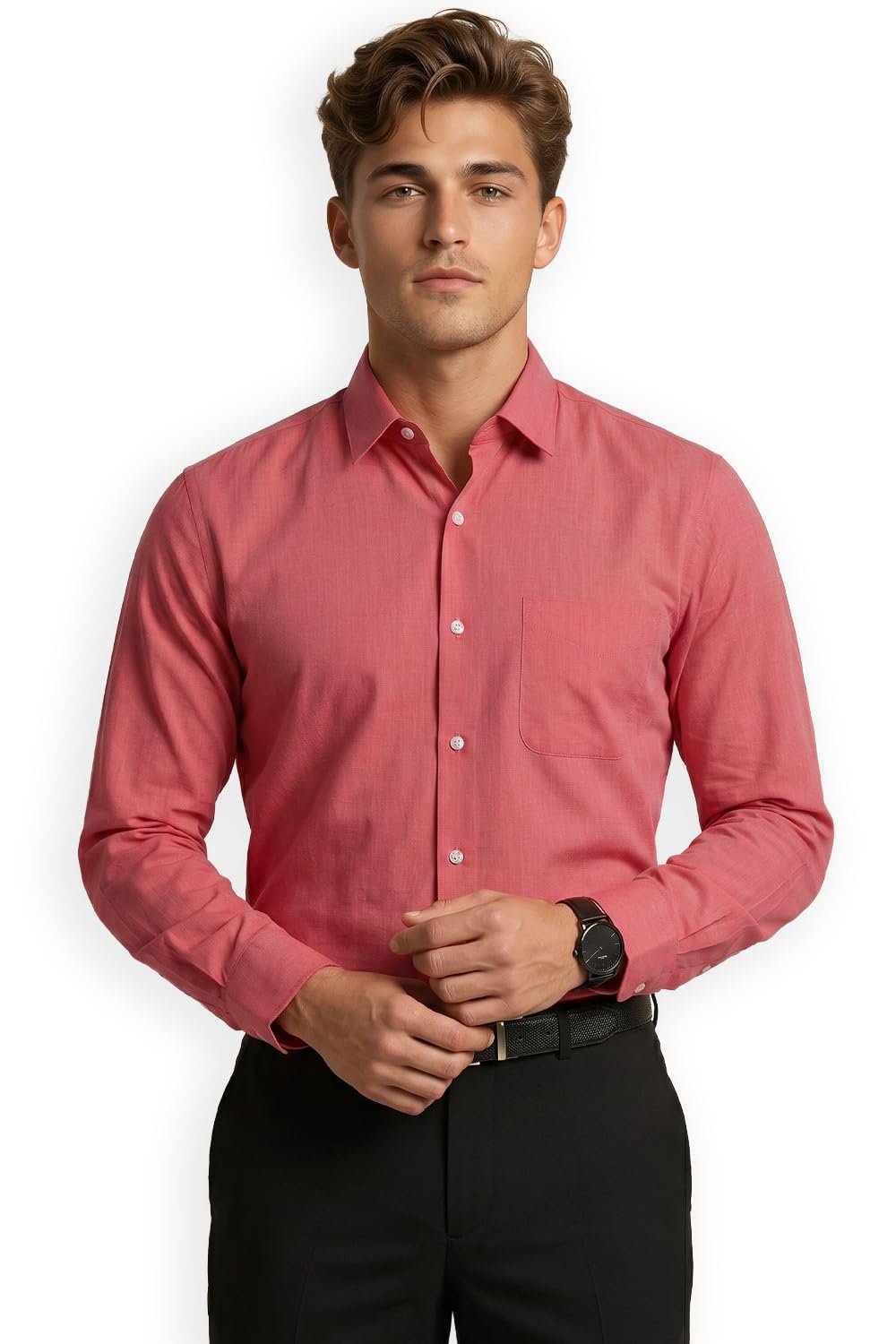 Peter England Men's Everyday Solid Slim Fit Full Sleeve Formal Shirt | Cotton-Rich Red