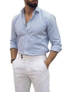 IndoPrimo Men’s Striped Shirt | Premium Slim Fit Full Sleeve Formal Casual Shirt | Button-Down Cotton Shirt for Office Sky