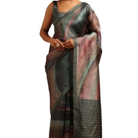 Soch Womens Green Tussar Abstract Saree With Hand Embroidery