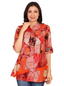 FIMS - Fashion is my style Women Rayon Regular Abstract Printed Short Kurti Tunics Tops, Ethnic Wear for Office, Flared, Mandarin Collar V Neck, Roll-Up 3/4 Sleeves, Orange Size M