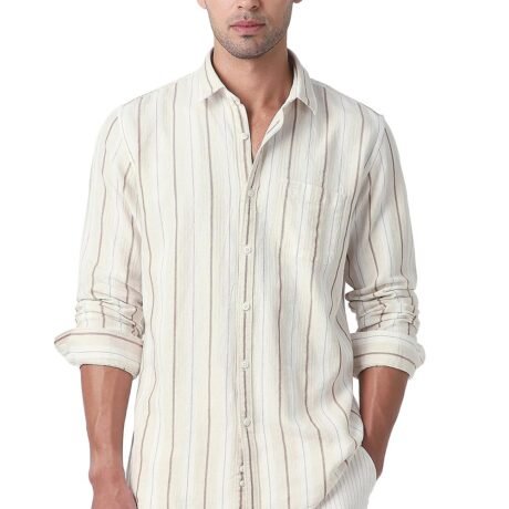 Peter England Men Beige Slim Fit Stripe Full Sleeves Casual Shirt