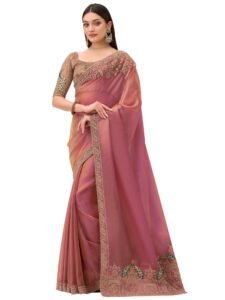 AKHILAM Women's Rose Gold Satin Heavy Embroidered Work Saree With Unstitched Blouse Piece (SILVER33016_TFH)