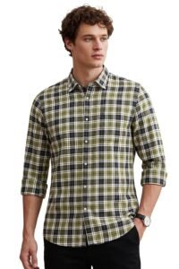 Peter England Men Olive Slim Fit Check Full Sleeves Casual Shirt