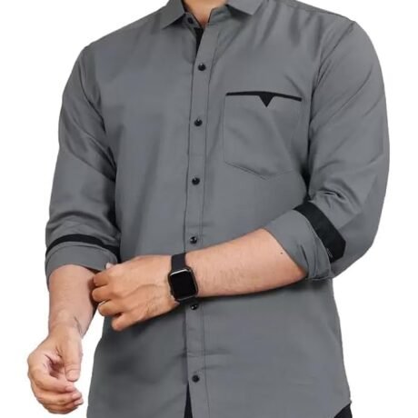Men Regular Fit Solid Spread Collar Casual Shirt (Large, Cadet Grey)