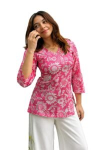 Saiyamori Women Fashionable V Neck Tunic Top | Printed Casual Kurti for College Outings & Travel (in, Alpha, M, Regular) Pink