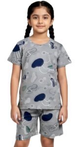 Kipper Girls Cotton Pajama Set | Half Sleeve T-Shirt & Shorts Set for Girls | Soft Breathable Summer Sleepwear for Kids | Printed Nightwear with Relaxed Fit (Grey, 10 (9-10Year))
