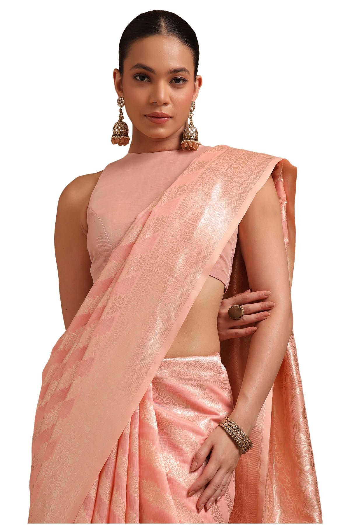 Soch Womens Peach Tussar Woven Design Saree