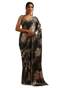 Soch Womens Olive Satin Floral Saree With Stone Work