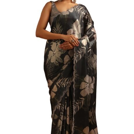Soch Womens Olive Satin Floral Saree With Stone Work
