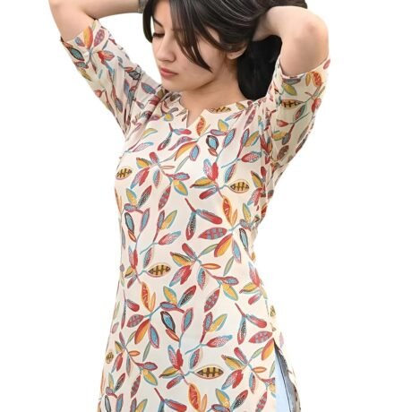 Pinkmint Women Short Kurti | Cotton Blend Printed Tunic Top | Trendy Casual Top | Casual & Office Wear Ethnic Top for Jeans Beige