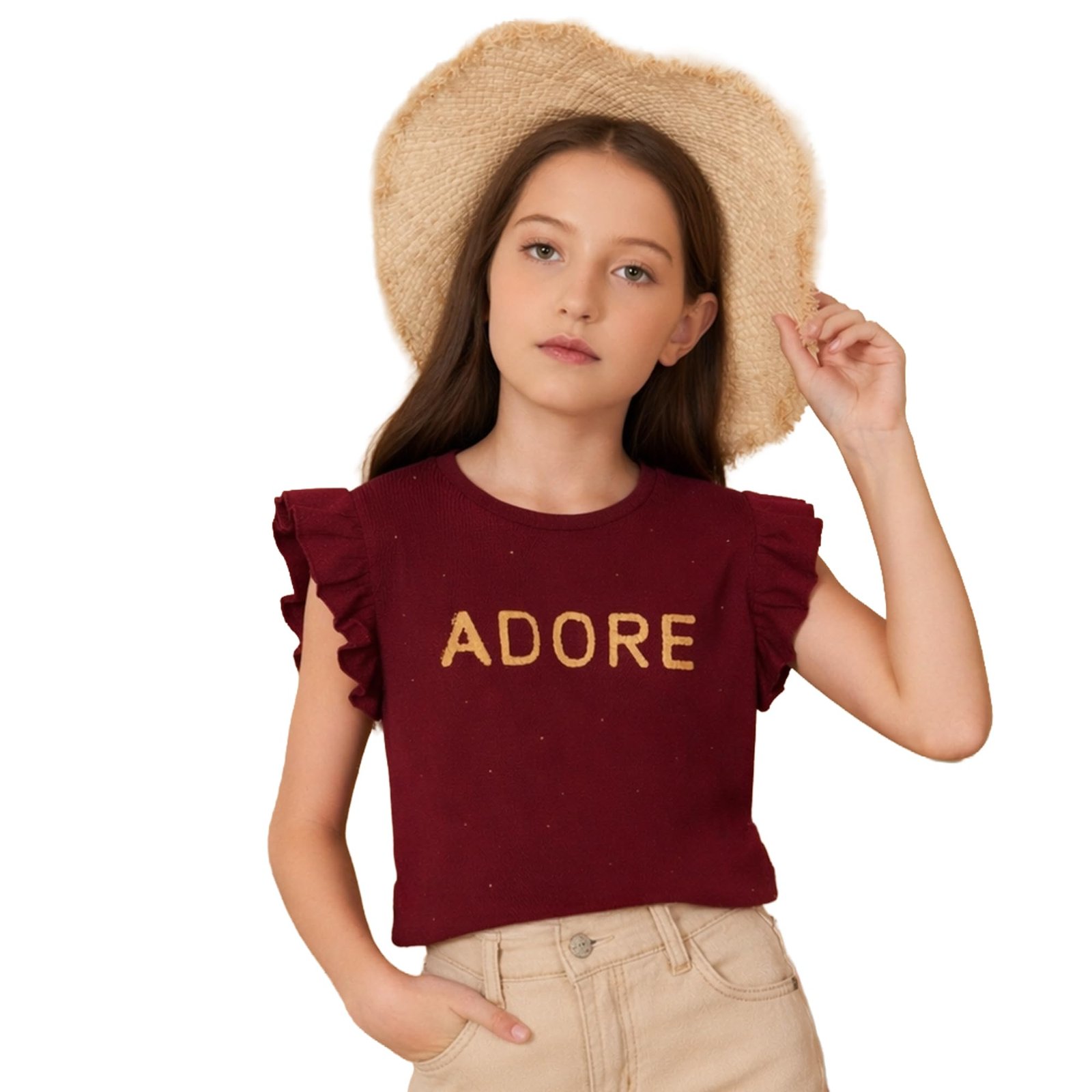 Girls Tshirt with Graphic Print | Soft Cotton Fabric | Ruffle Sleeves | Comfortable Breathable Fit for Stylish Everyday Summer Kids Wear Maroon