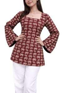Kurvee Women's Pure Cotton Kurti, Maroon & Blue Elephant Print, Square Neck, Long Bell Sleeves, Back Lace-Up Detail, Casual Wear (in, Alpha, 2XL, Maroon_TOP)