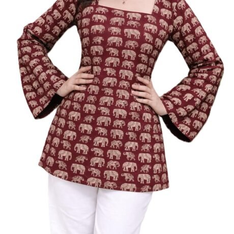 Kurvee Women's Pure Cotton Kurti, Maroon & Blue Elephant Print, Square Neck, Long Bell Sleeves, Back Lace-Up Detail, Casual Wear (in, Alpha, 2XL, Maroon_TOP)