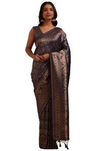 Soch Womens Navy Blue Tussar Woven Designs Saree With Zari