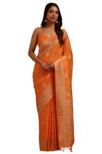 Soch Womens Orange Tussar Floral Zari Woven Saree