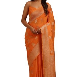 Soch Womens Orange Tussar Floral Zari Woven Saree