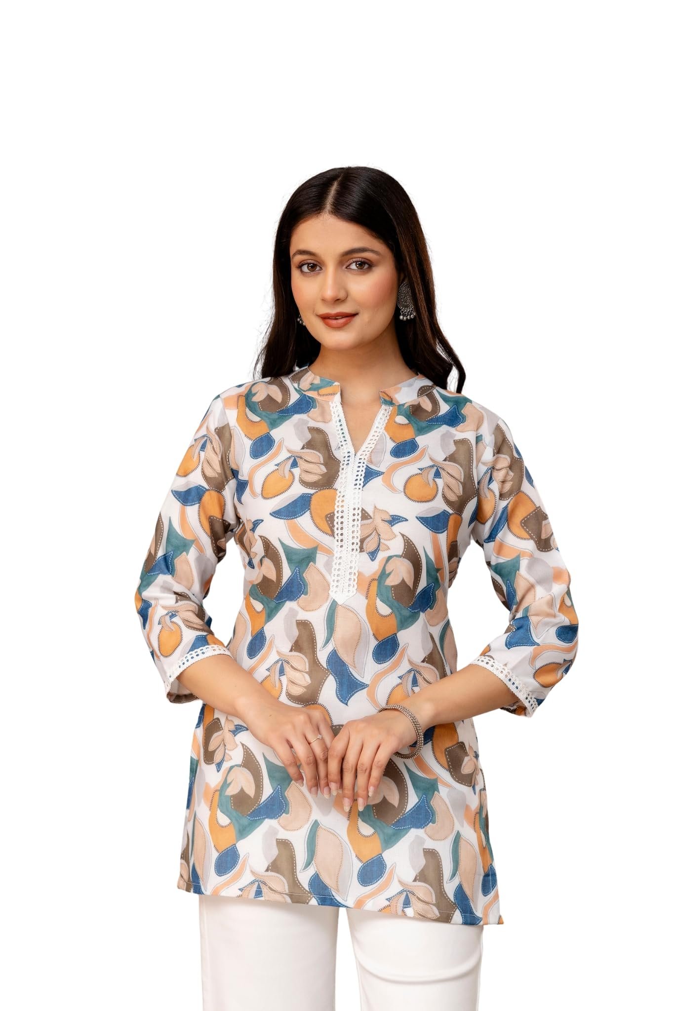 Pahrin Women's Multicolor Printed Tunic Top with Lace Trim, V-Neck, 3/4 Sleeve Short Kurti for Girls | 3XL - 3XLarge - 46 |