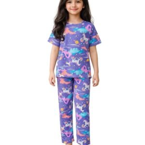 ANTHRILO Pajama T-Shirt Set for Girls | Kids Night Suit for Girls | Nightwear for Girls | 100% Cotton Pyjama Set Unicorn Planet Purple Print | Short Sleeve T-Shirt & Pajama | 2-3 Years