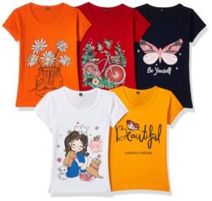 T2F Girls Cotton Printed Regular Fit T-Shirt (Pack of 5), Assorted, 7-8 Years