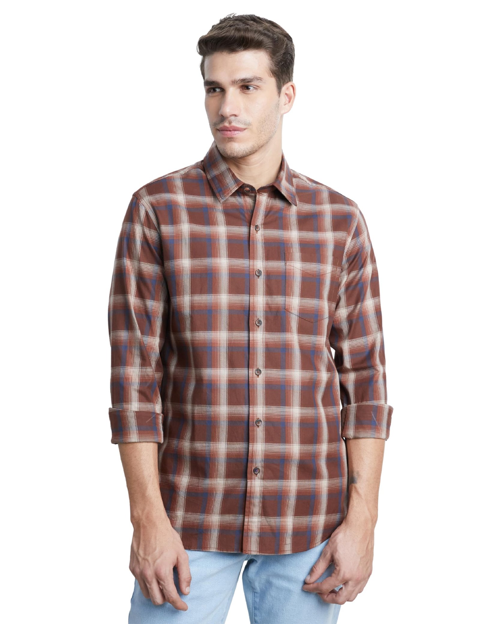 Men's Stylish Checkered Casual Shirt - Regular Fit | Full Sleeve | Pure Cotton | Smart Casual Wear (Available in Plus Size) (SP-M-S25-CS-108-Brown1-M)