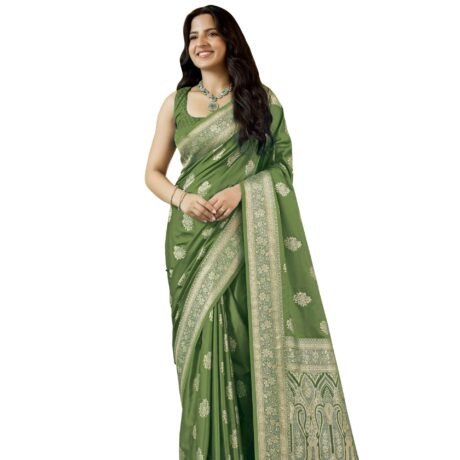 MANOHARI Women's Green Silk Blend Woven Saree with Rich Silver Zari Border | Saree for Wedding, Festival, Reception & Ceremony | Unstitched Blouse Piece_MN2124