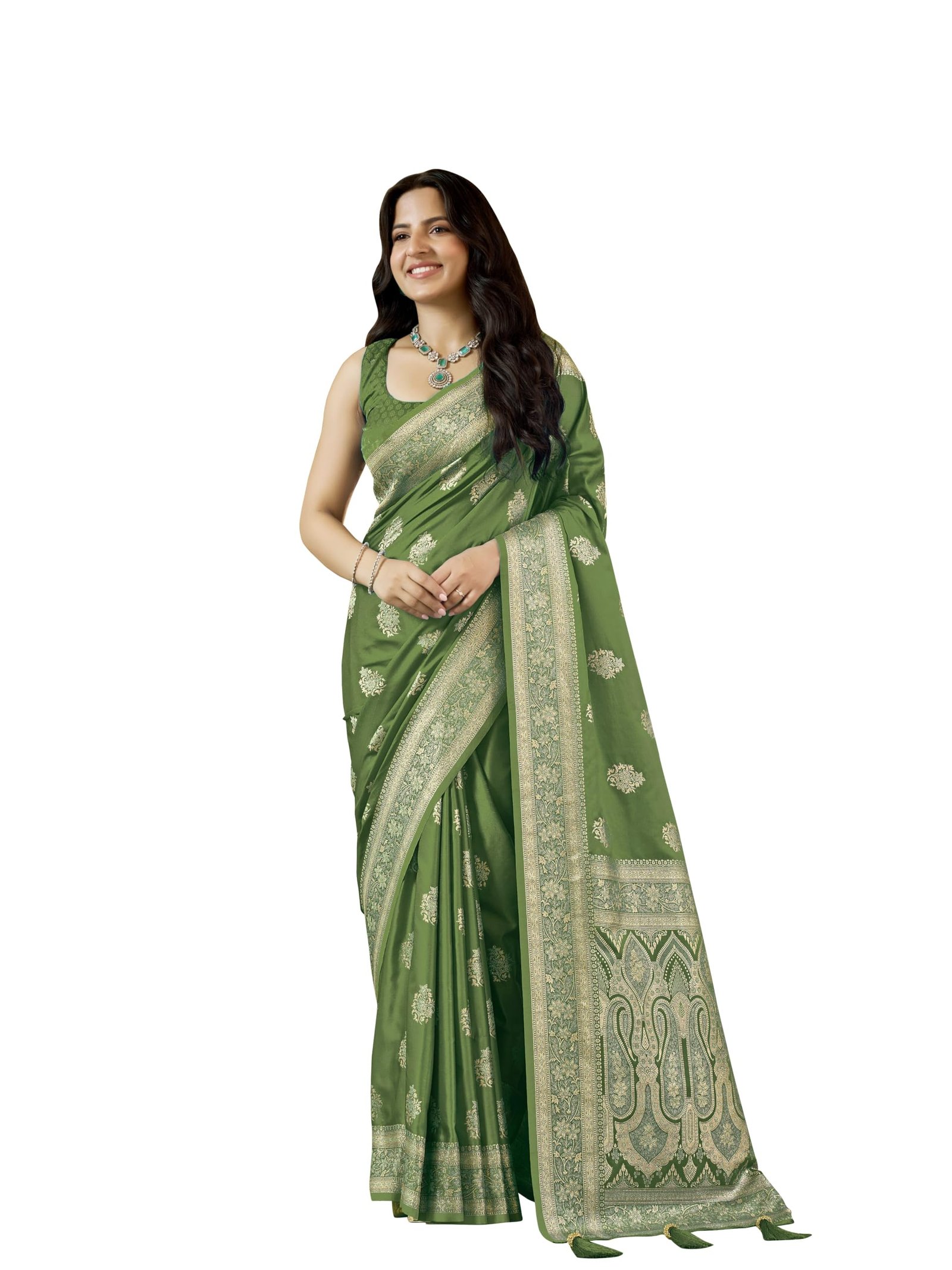 MANOHARI Women's Green Silk Blend Woven Saree with Rich Silver Zari Border | Saree for Wedding, Festival, Reception & Ceremony | Unstitched Blouse Piece_MN2124