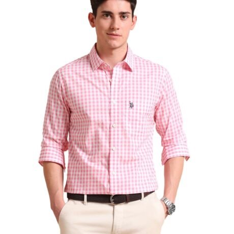 U.S. POLO ASSN. Checkered Tailored Fit Shirt for Men - 100% Cotton, Breathable & Comfortable, Full Sleeves Casual Shirt for Men - M, Pink