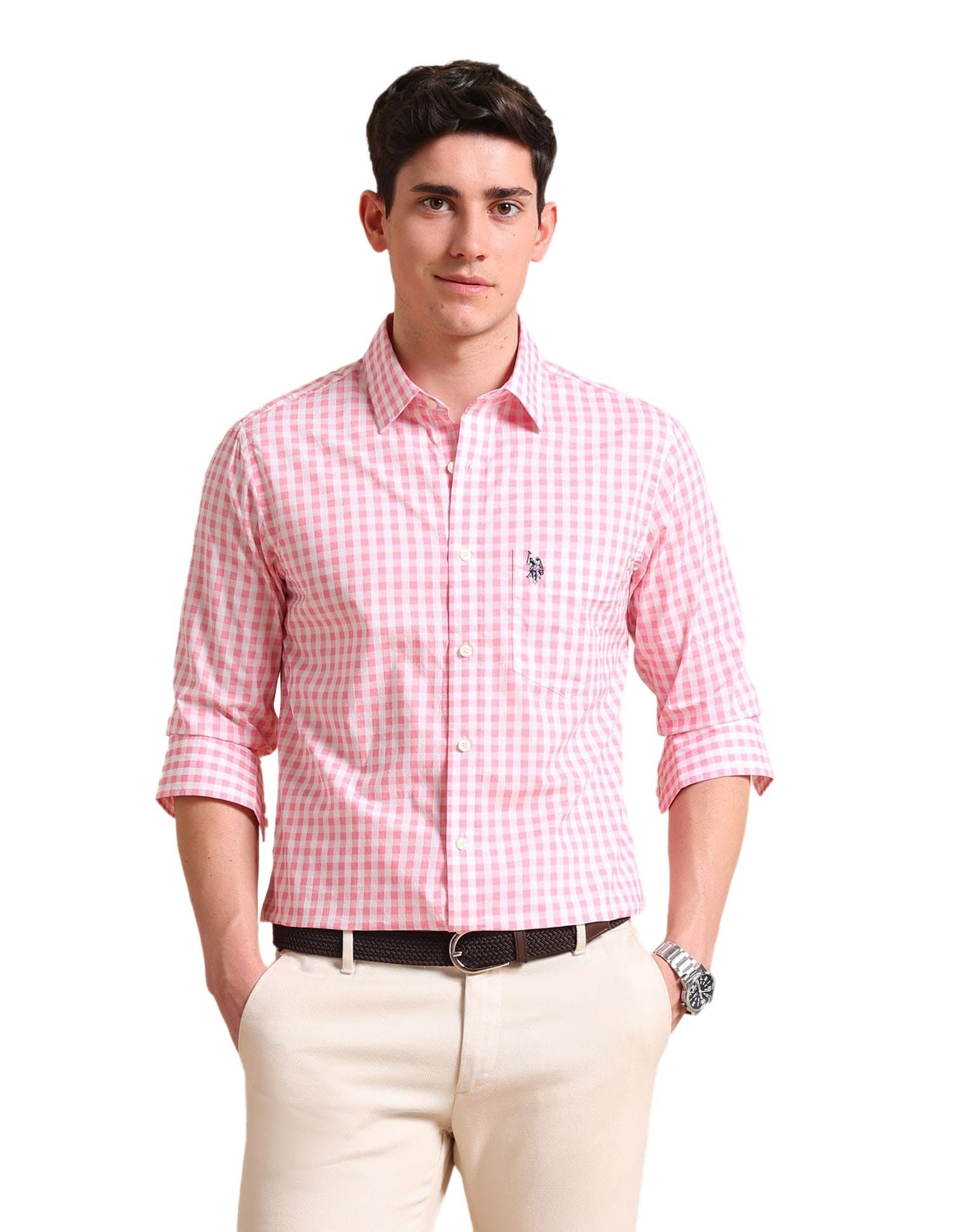 U.S. POLO ASSN. Checkered Tailored Fit Shirt for Men - 100% Cotton, Breathable & Comfortable, Full Sleeves Casual Shirt for Men - M, Pink